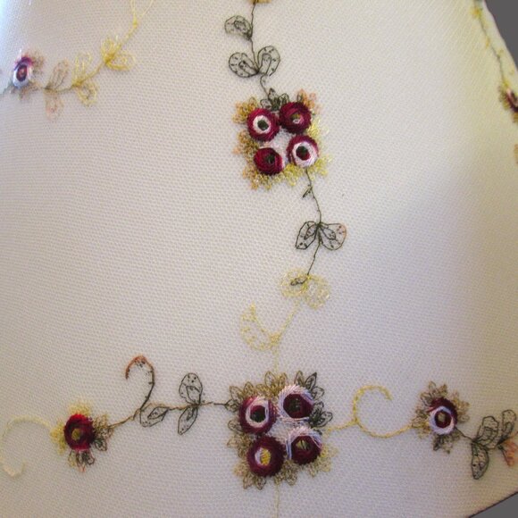 Vtg Off White Large Hurricane lampshade pair of delicate red flowers & green vin - Picture 12 of 16